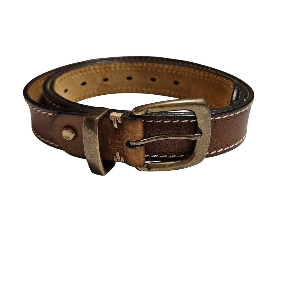 Men's Brown Genuine Leather Belt 46 XXL Contrast Stitch Antique Brass Buckle